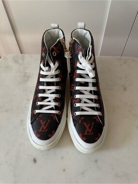 Louis Vuitton Black and Red Monogram High-Top Sneakers with White Accents